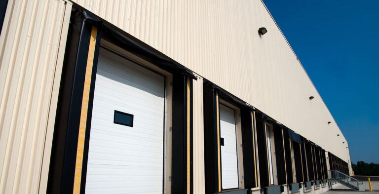 Sectional loading bay doors on an industrial warehouse