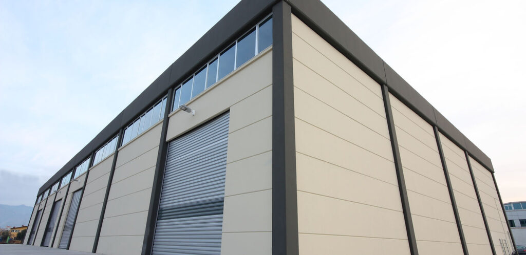 Roller shutter doors fitted to a modern industrial building