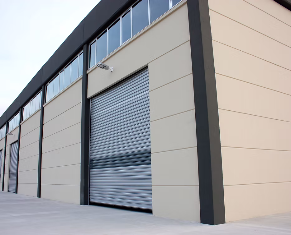 Warehouse building with a large roller shutter entrance
